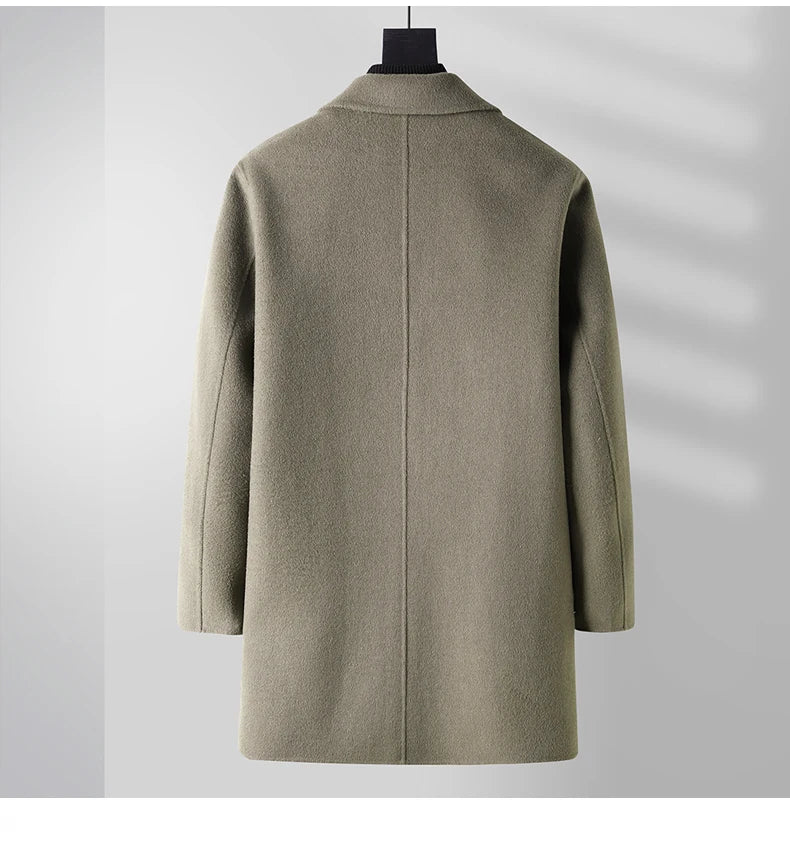 Beige overcoat on a mannequin against a light gray background