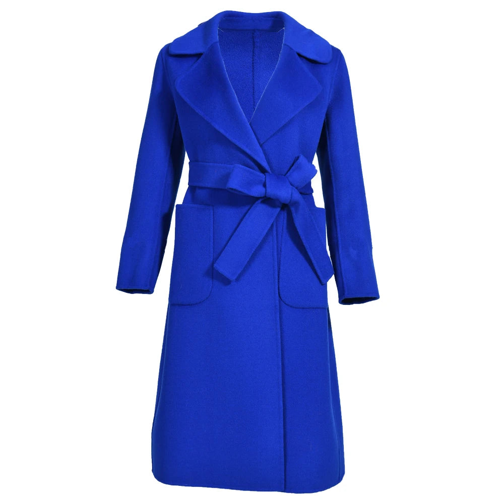Blue coat with a belt on a white background