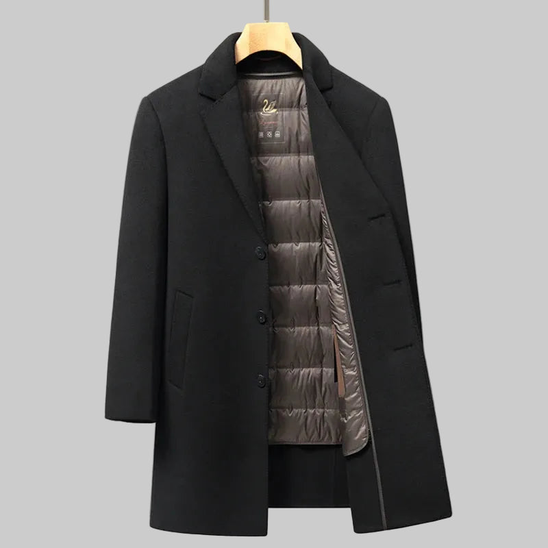 Black coat with a visible inner lining on a gray background