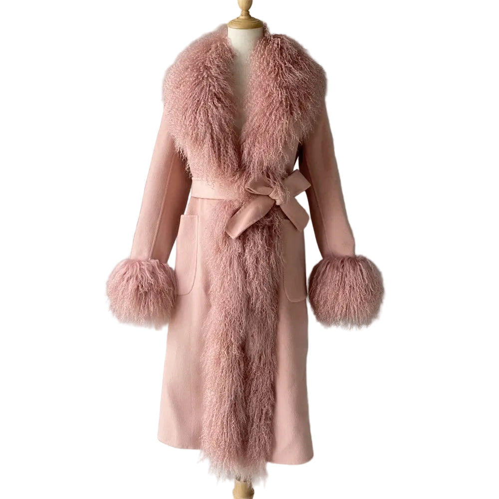 Pink coat with fur trim on a mannequin against a gray background