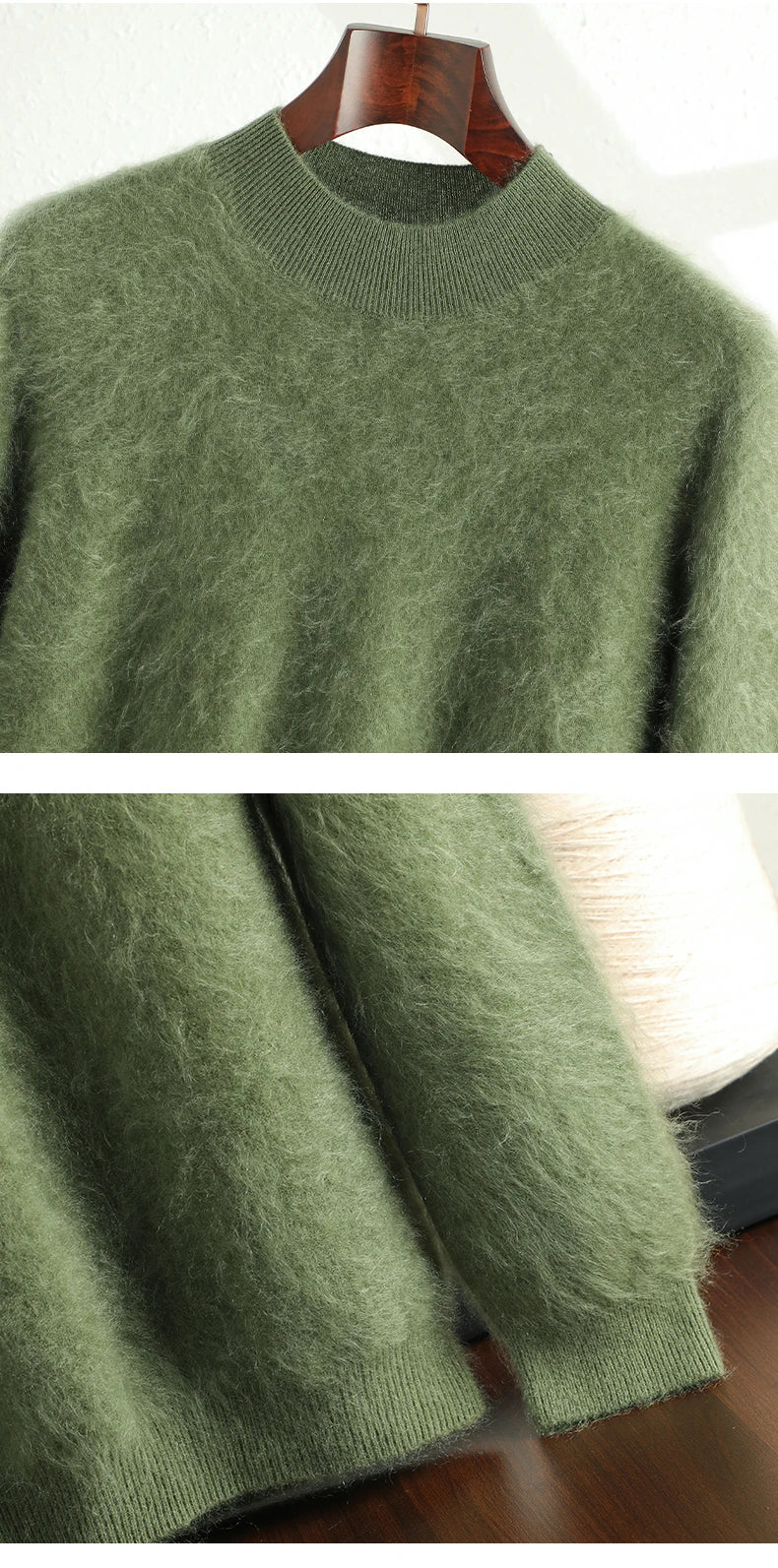 Green sweater on a hanger with a close-up of the fabric texture.