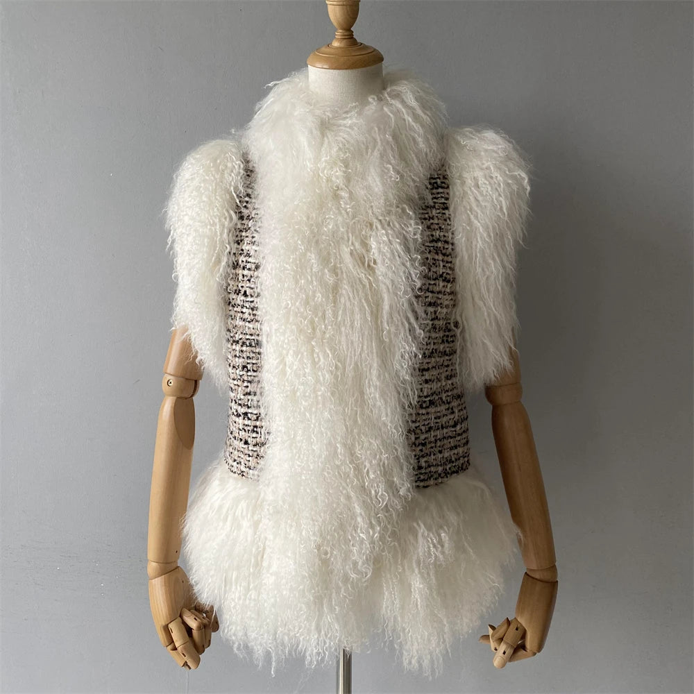 Mannequin wearing a white fluffy vest against a gray background