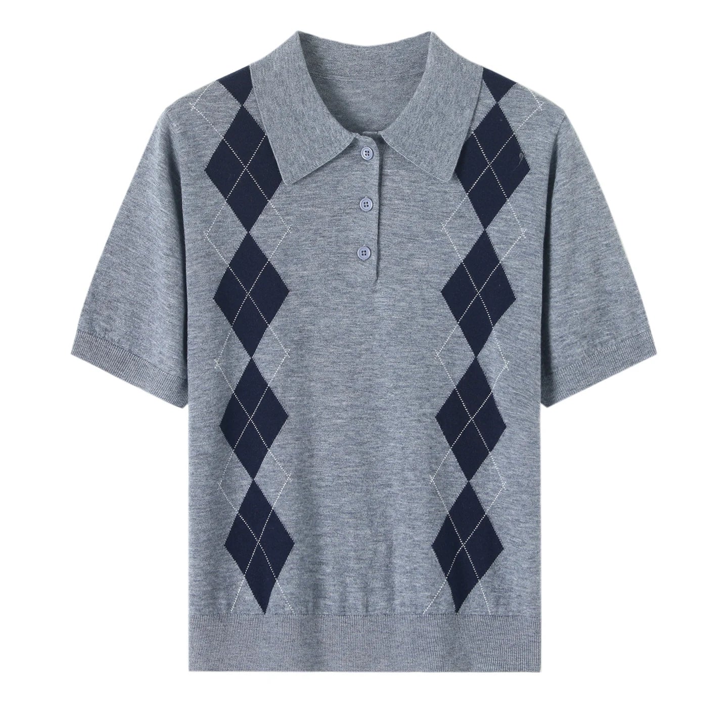 Gray polo shirt with navy argyle pattern on a white background