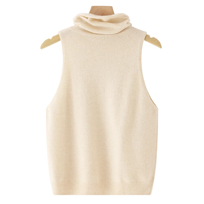 Beige sleeveless sweater vest on a mannequin against a white background
