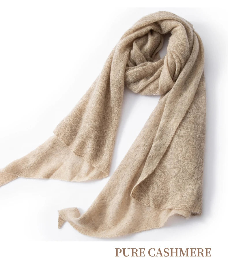 Beige cashmere scarf on a white background with 'PURE CASHMERE' text.