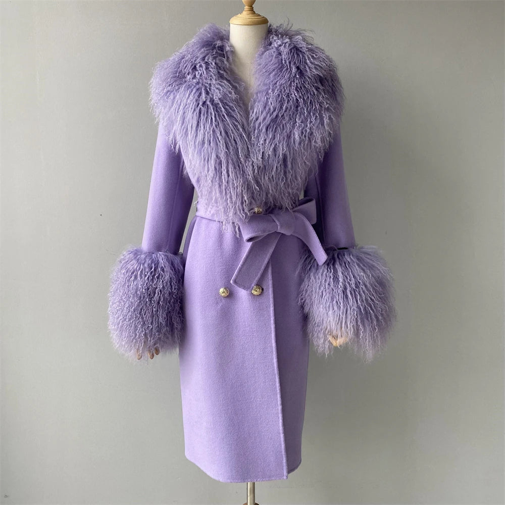 Lavender coat with fur trim on a mannequin against a plain background