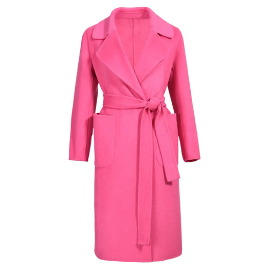 Pink coat with a belt on a white background