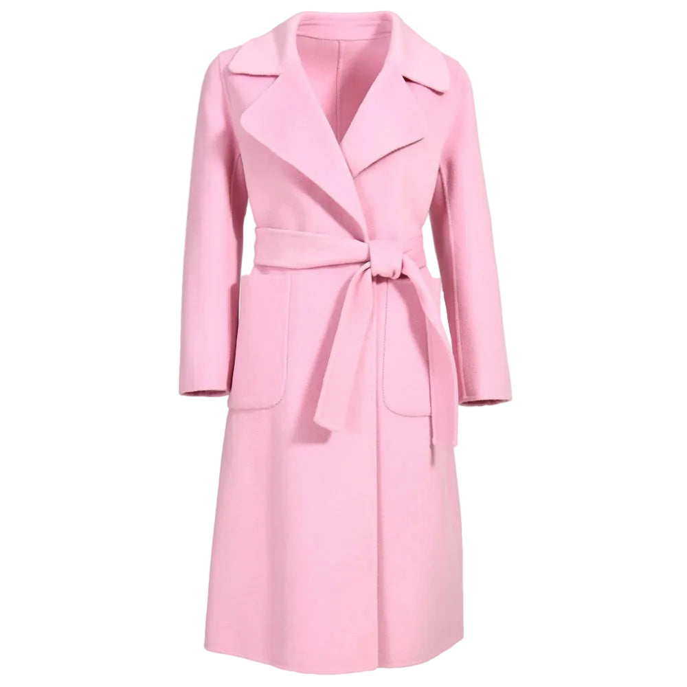 Pink coat with a belt on a white background