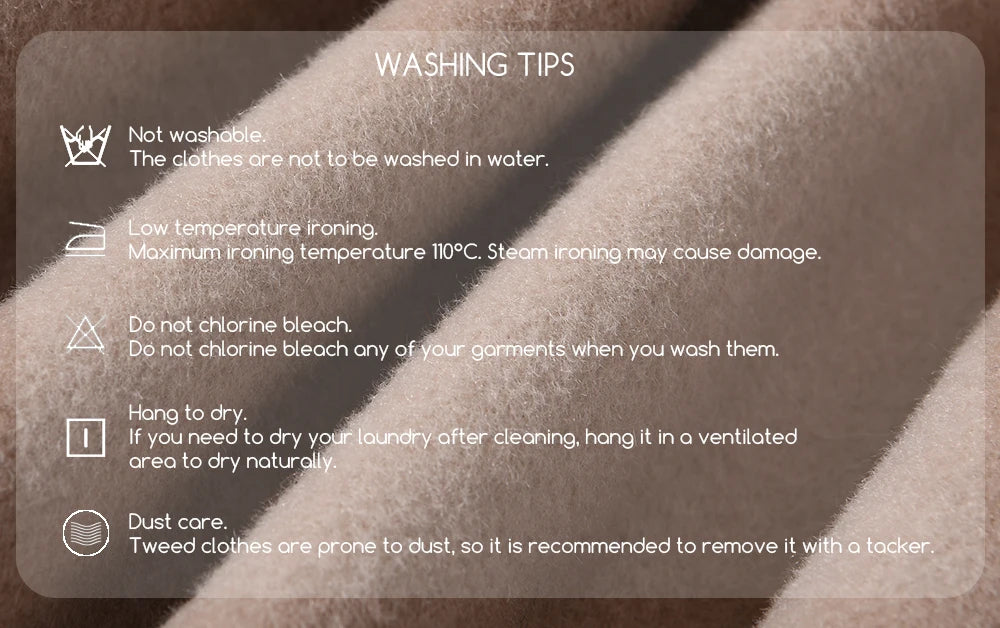 Washing instructions overlay on a textured fabric background