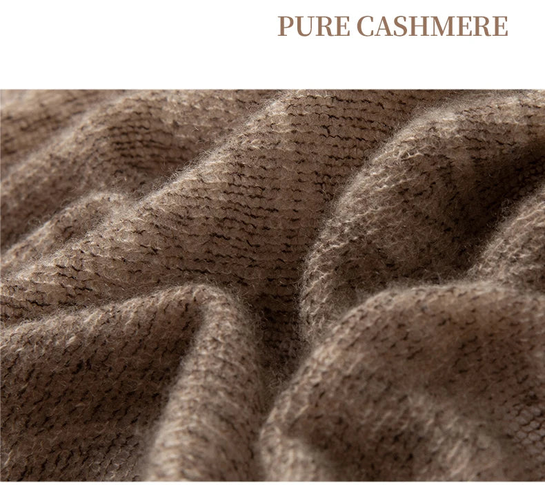 Close-up of pure cashmere fabric with 'PURE CASHMERE' text above.