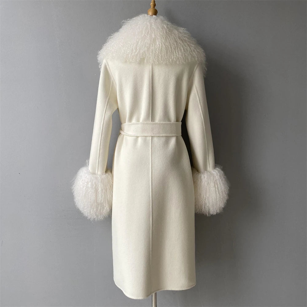 White coat with fur trim on a gray background