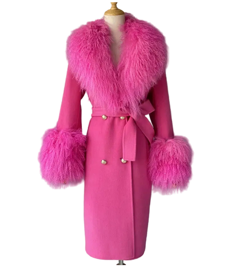 Pink coat with feathered cuffs and collar on a mannequin against a gray background