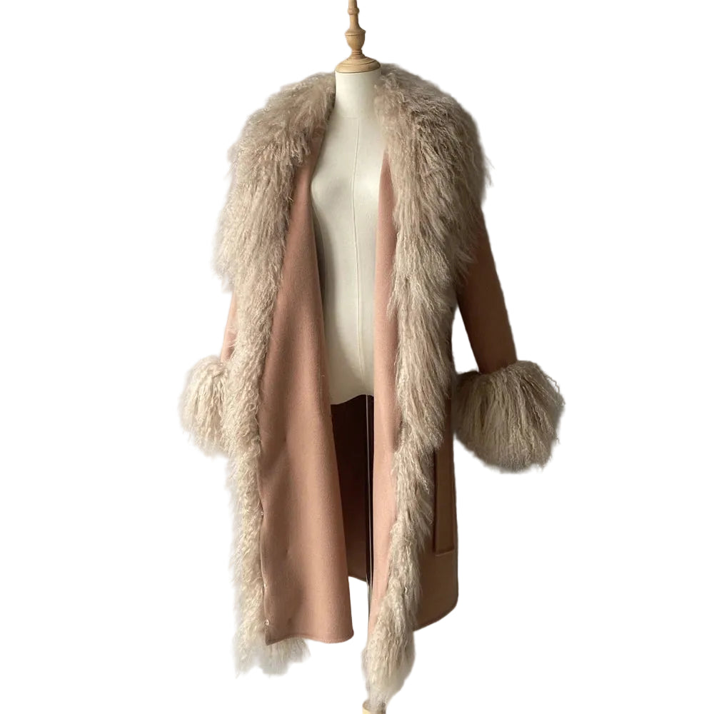 Beige coat with fur trim on a mannequin against a gray background