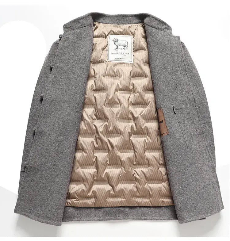 Gray coat with beige quilted lining on a white background