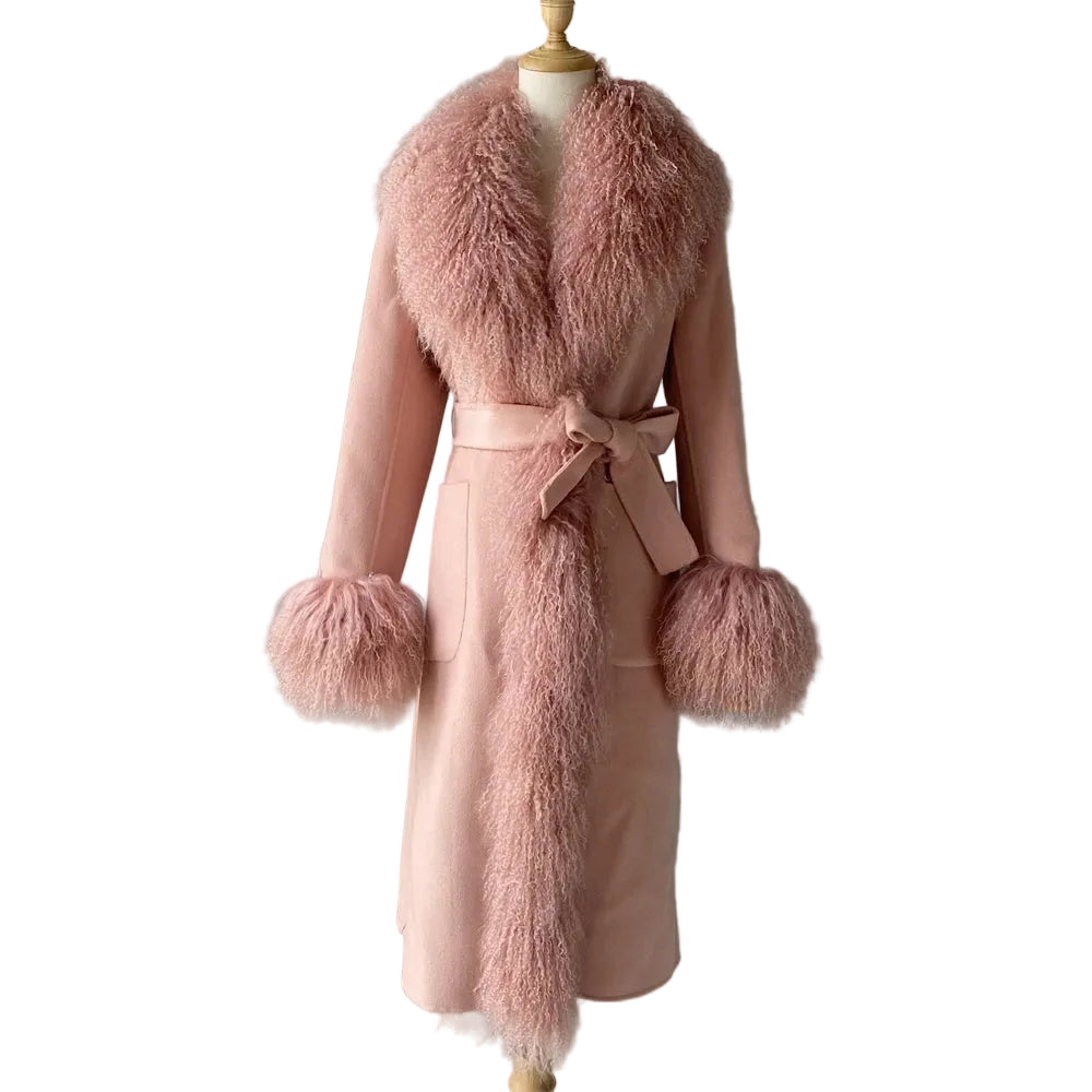 Pink coat with fur details on a mannequin against a gray background