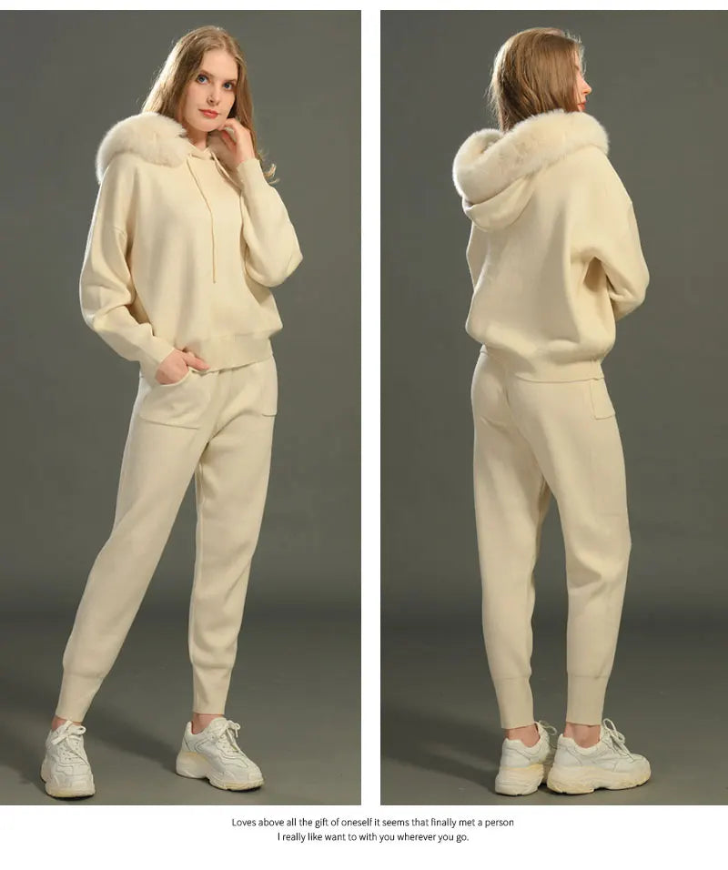 Woman wearing a beige tracksuit from front and back views on a gray background