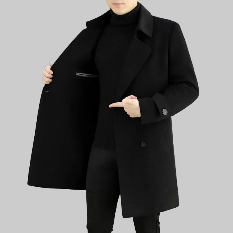 Person wearing a black coat with a fiery graphic in the corner, indicating warmth.