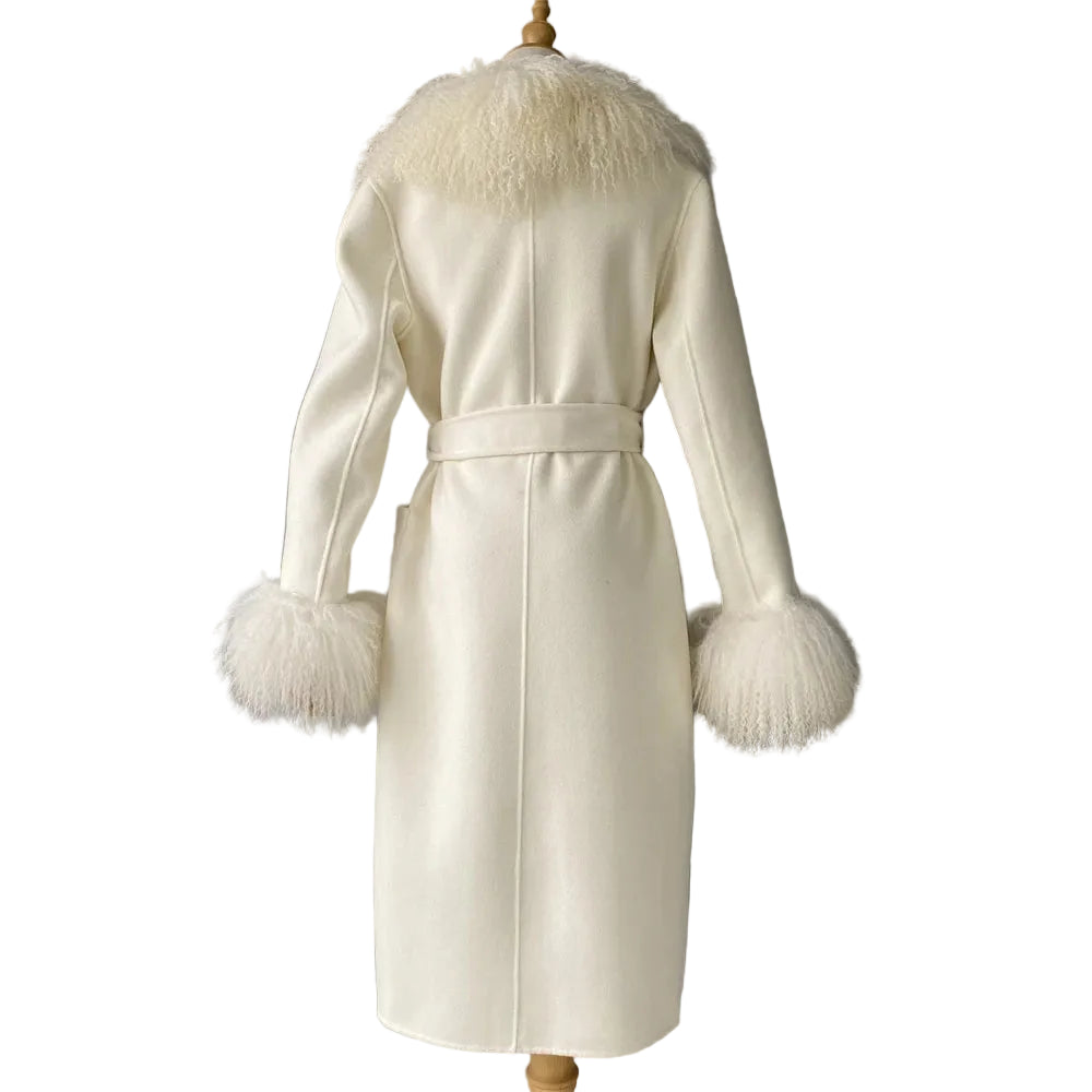 White coat with fur trim on a gray background