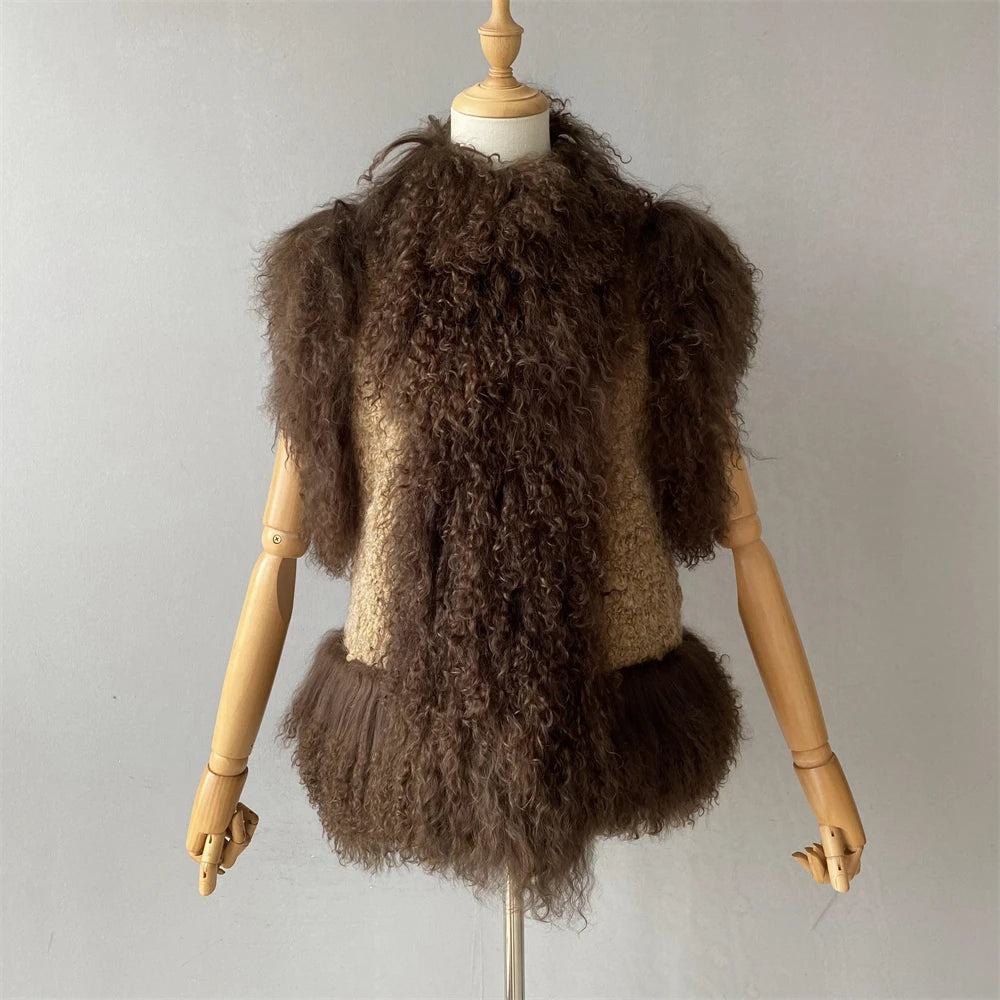 Brown fluffy vest on a mannequin against a plain background