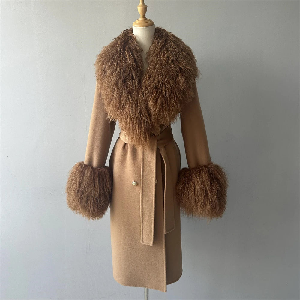 Brown coat with fur trim on a mannequin against a plain background