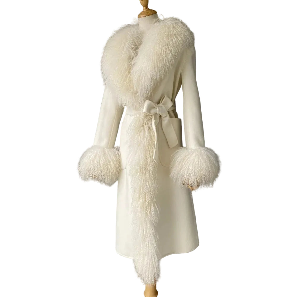 White coat with fur trim on a mannequin against a gray background
