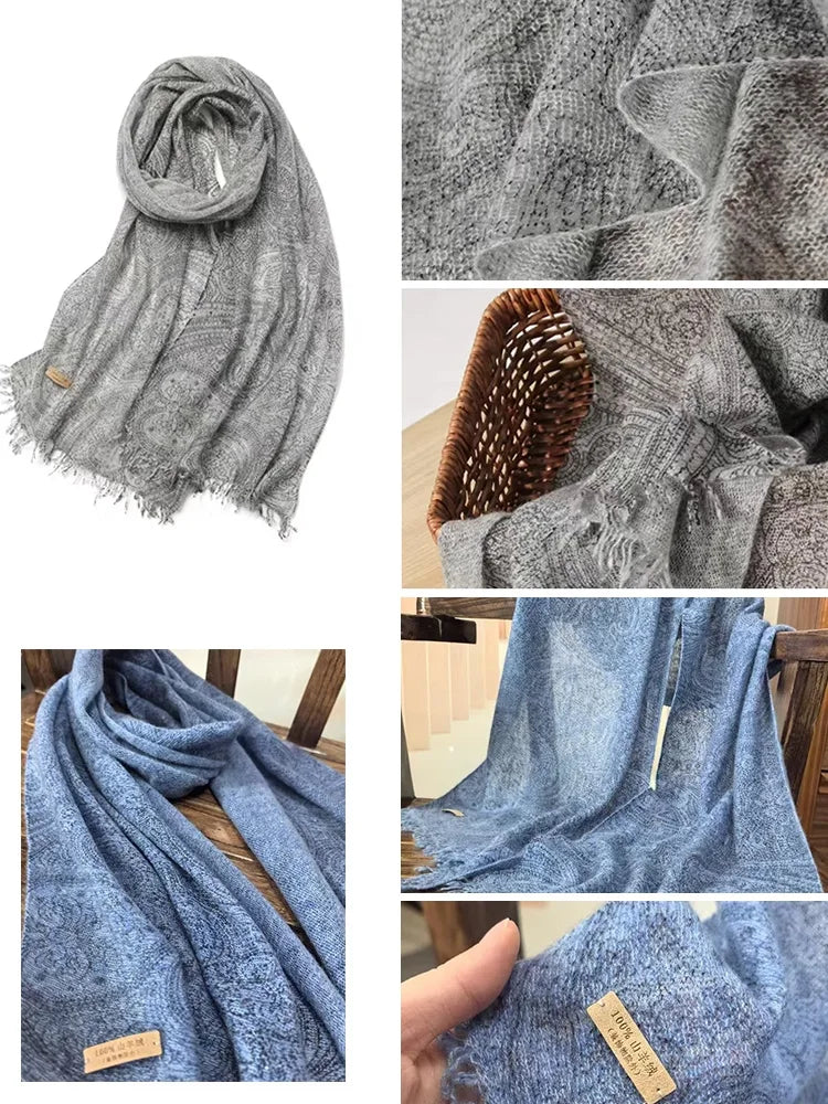 Collage of a gray and blue scarf with close-up details on a white background
