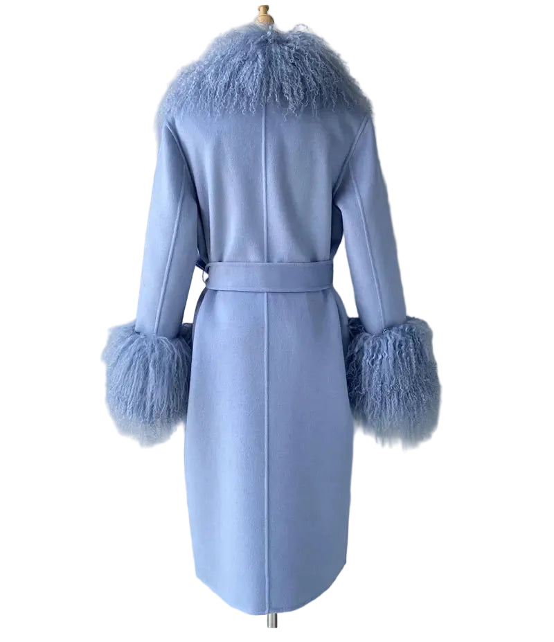 Light blue coat with feathered cuffs and collar on a gray background