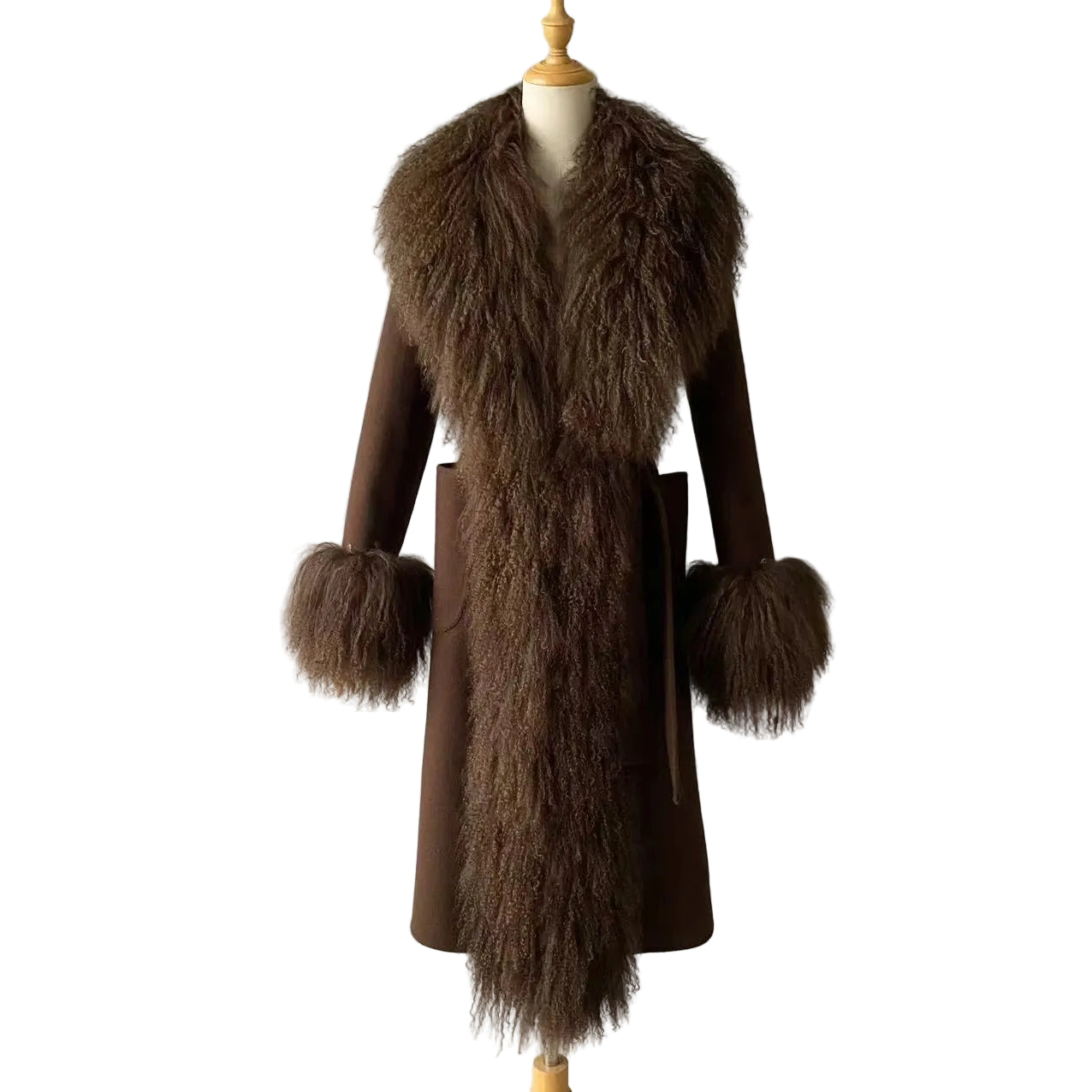 Brown coat with fur trim and cuffs on a mannequin against a plain background