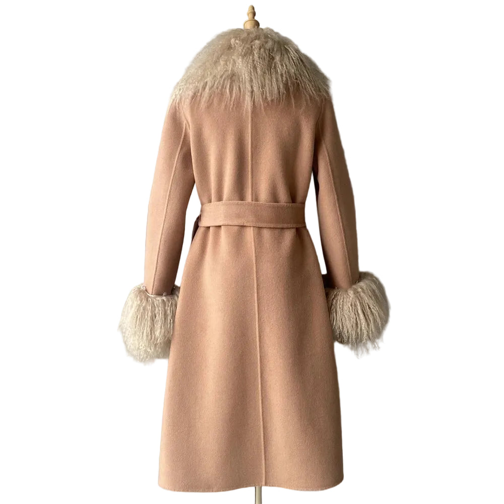 Beige coat with fur trim on a mannequin against a gray background