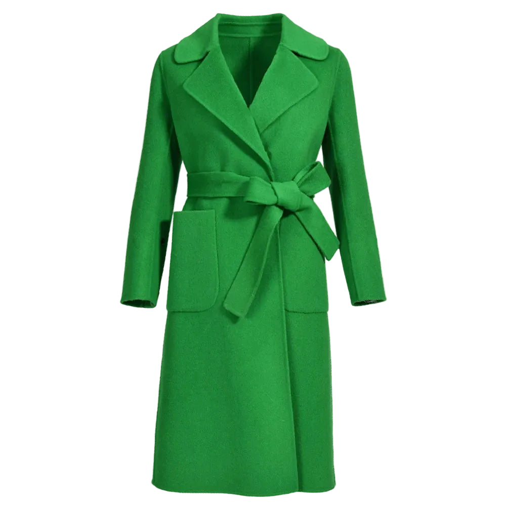 Green coat with a belt on a white background