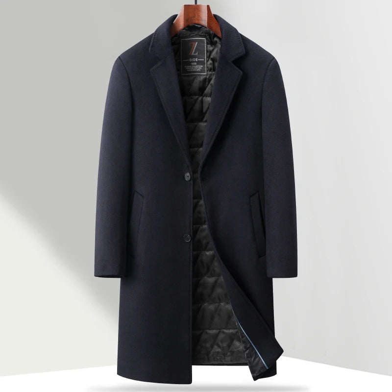 Navy blue coat on a hanger against a white background