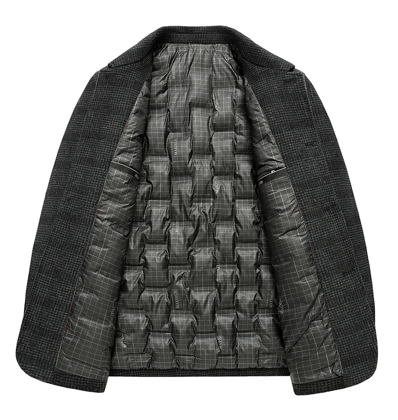 Dark gray checkered jacket with quilted lining on a white background