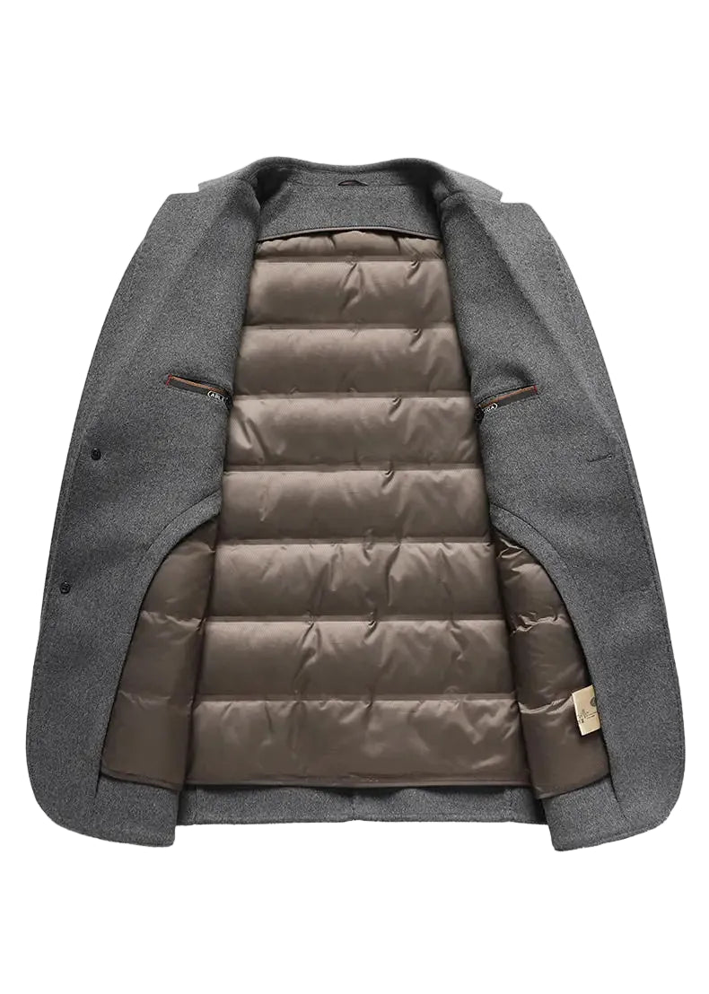 Gray jacket with brown quilted lining on a white background