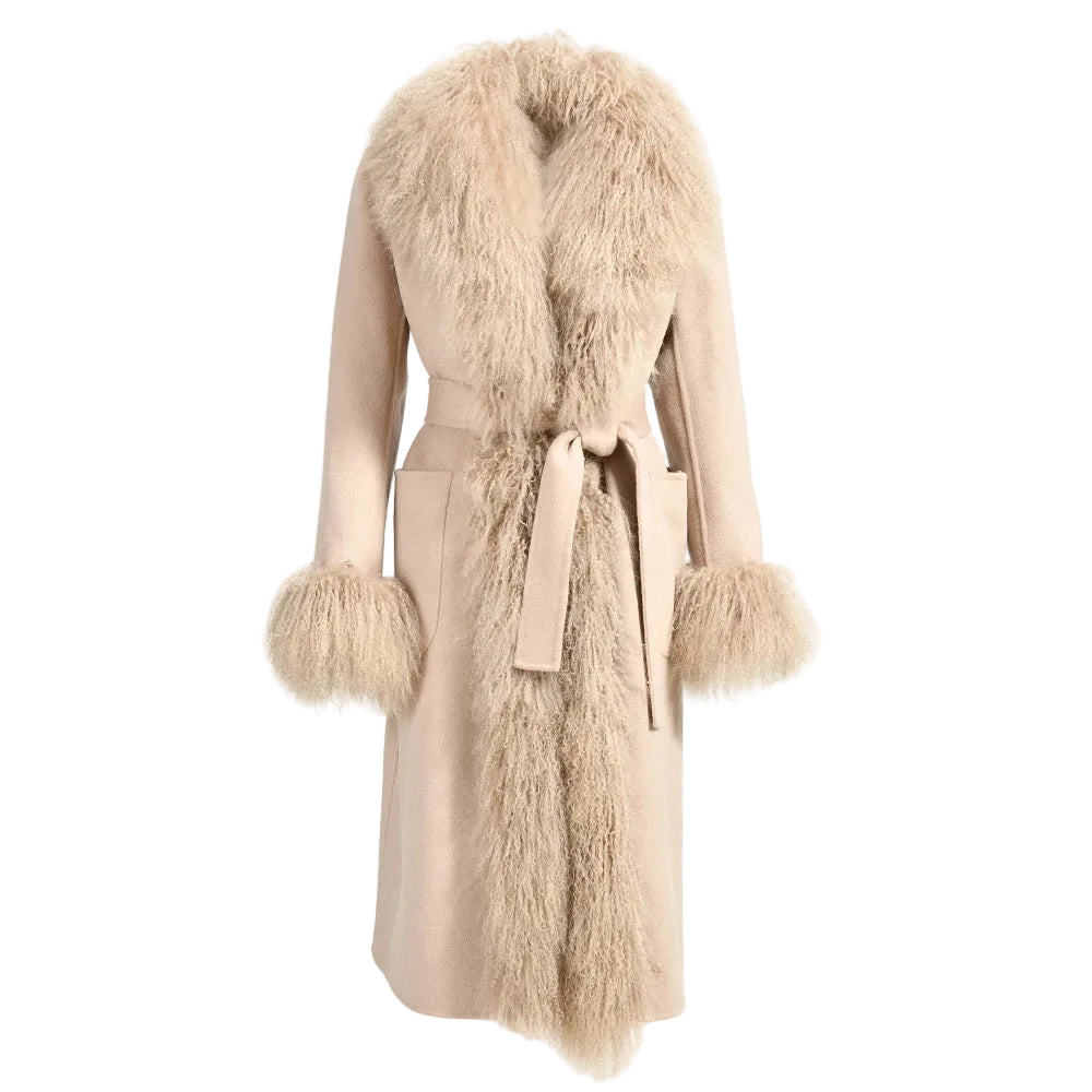 Beige coat with fur trim on a white background