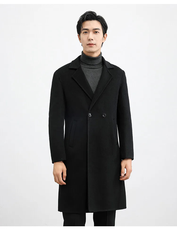 Man wearing a black coat on a white background