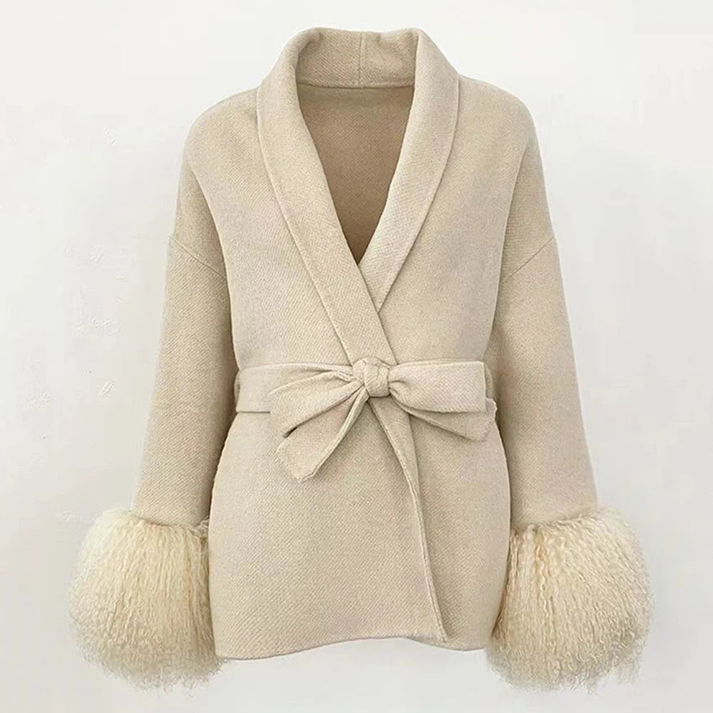 Woolberry Wool Coat, Mongolian Fur Cuffs