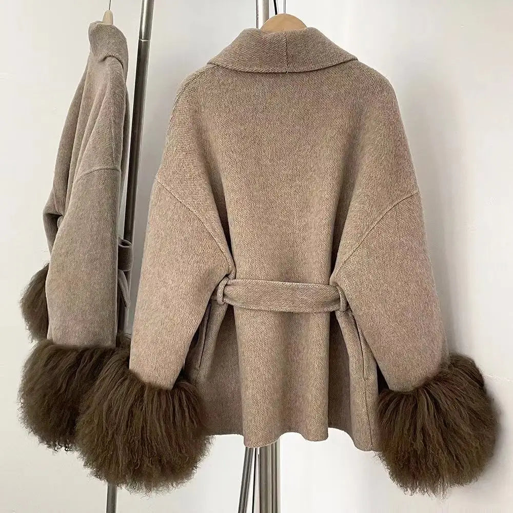 Woolberry Wool Coat, Mongolian Fur Cuffs