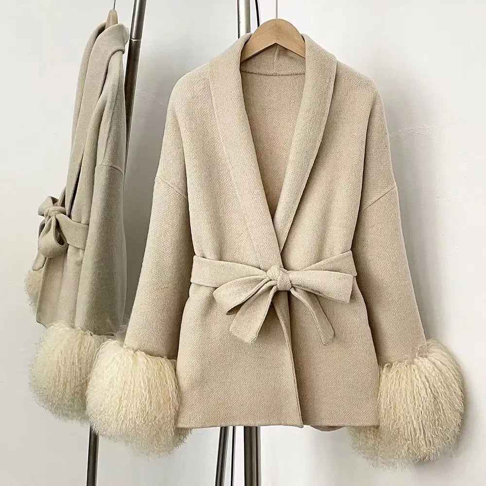 Woolberry Wool Coat, Mongolian Fur Cuffs