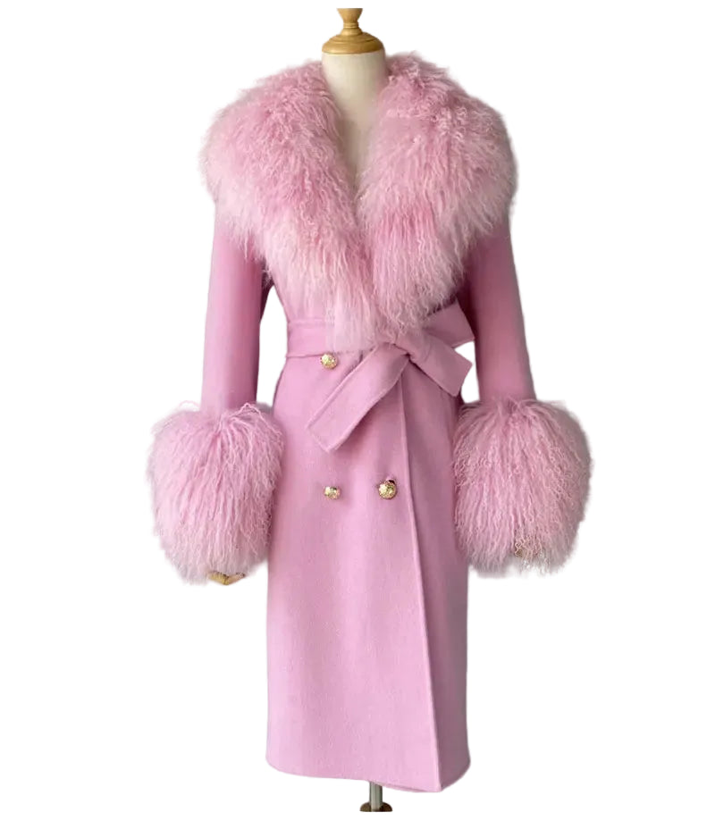 Pink coat with fur collar and cuffs on a mannequin against a gray background