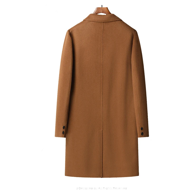 Brown coat on a hanger against a white background