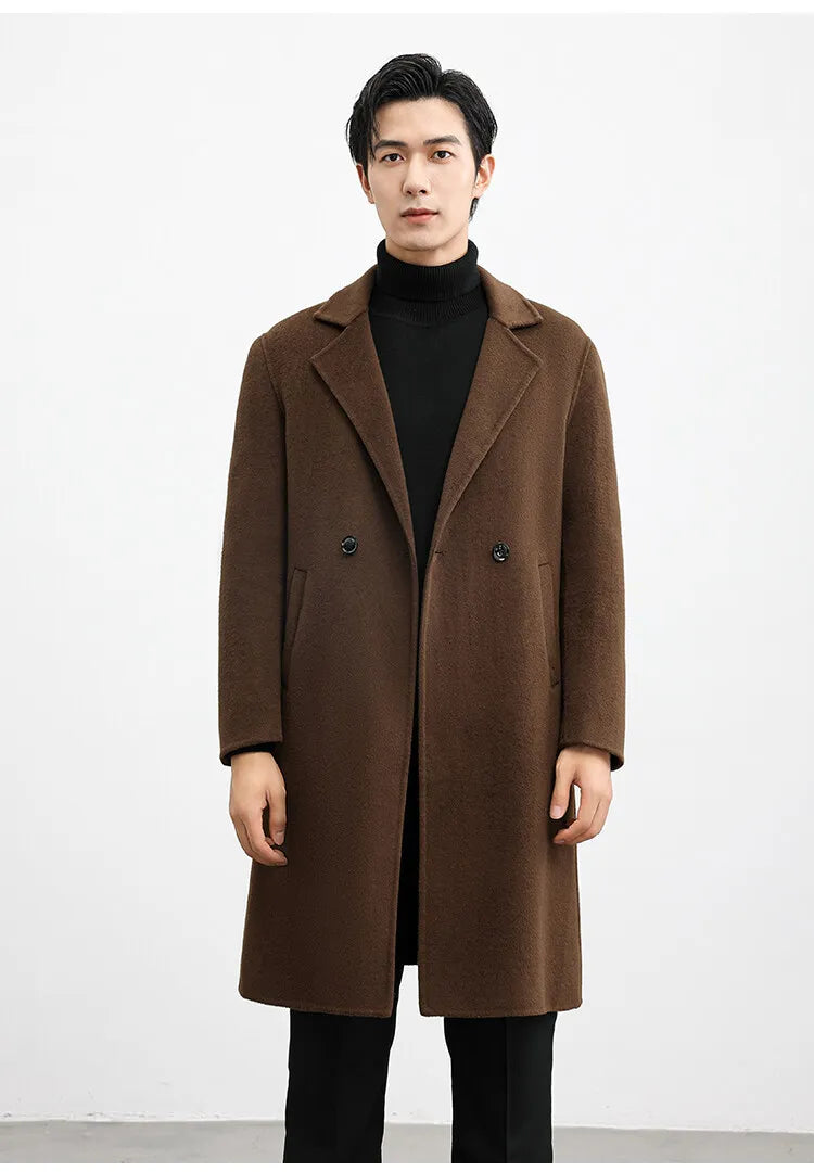 Man wearing a brown overcoat against a white background