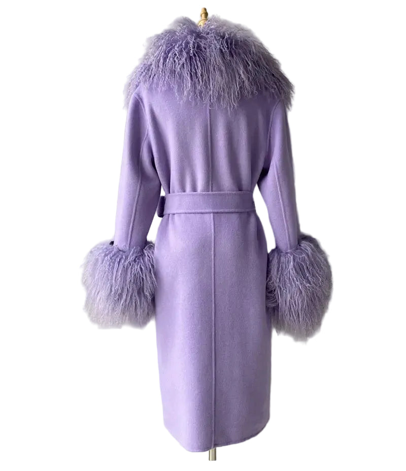 Lavender coat with feathered trim on a mannequin against a plain background
