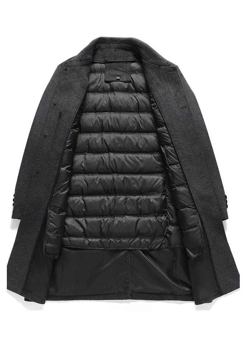 Black coat with a quilted inner lining on a white background