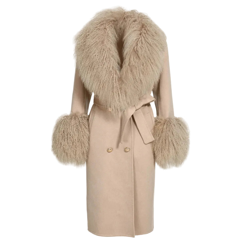 Beige coat with fur accents on a white background