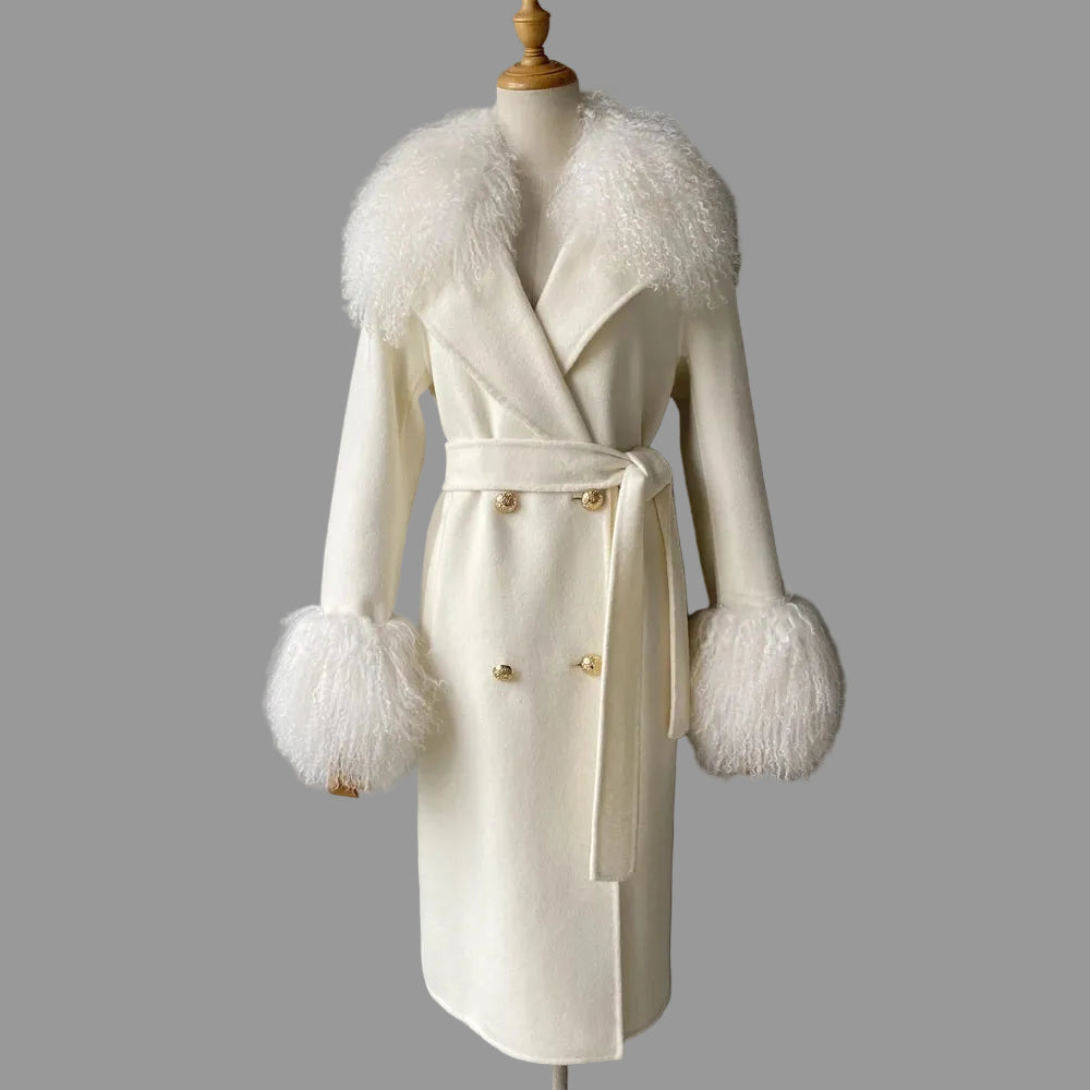 White coat with fur cuffs and collar on a mannequin against a gray background