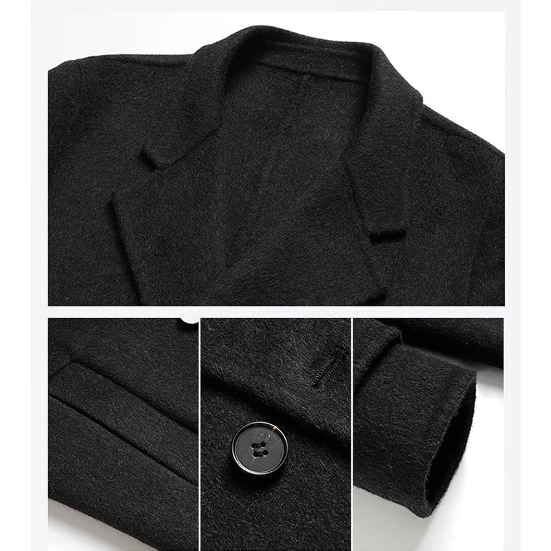 Collage of a black coat with close-up details on a white background