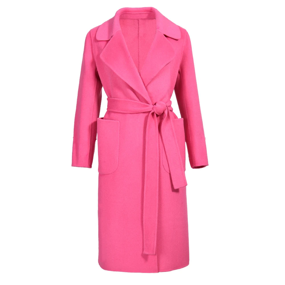 Pink coat with a belt on a white background
