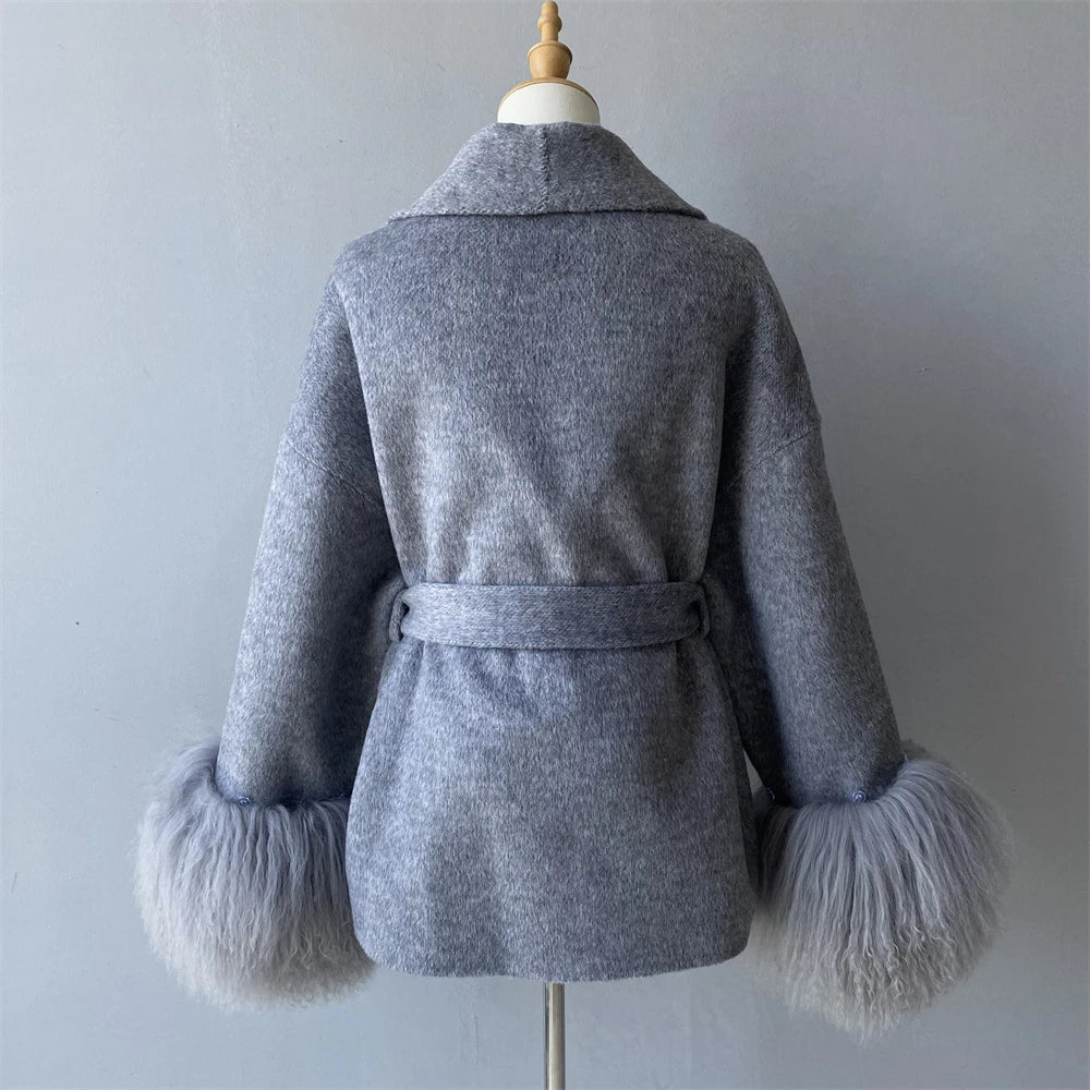 Woolberry Wool Coat, Mongolian Fur Cuffs