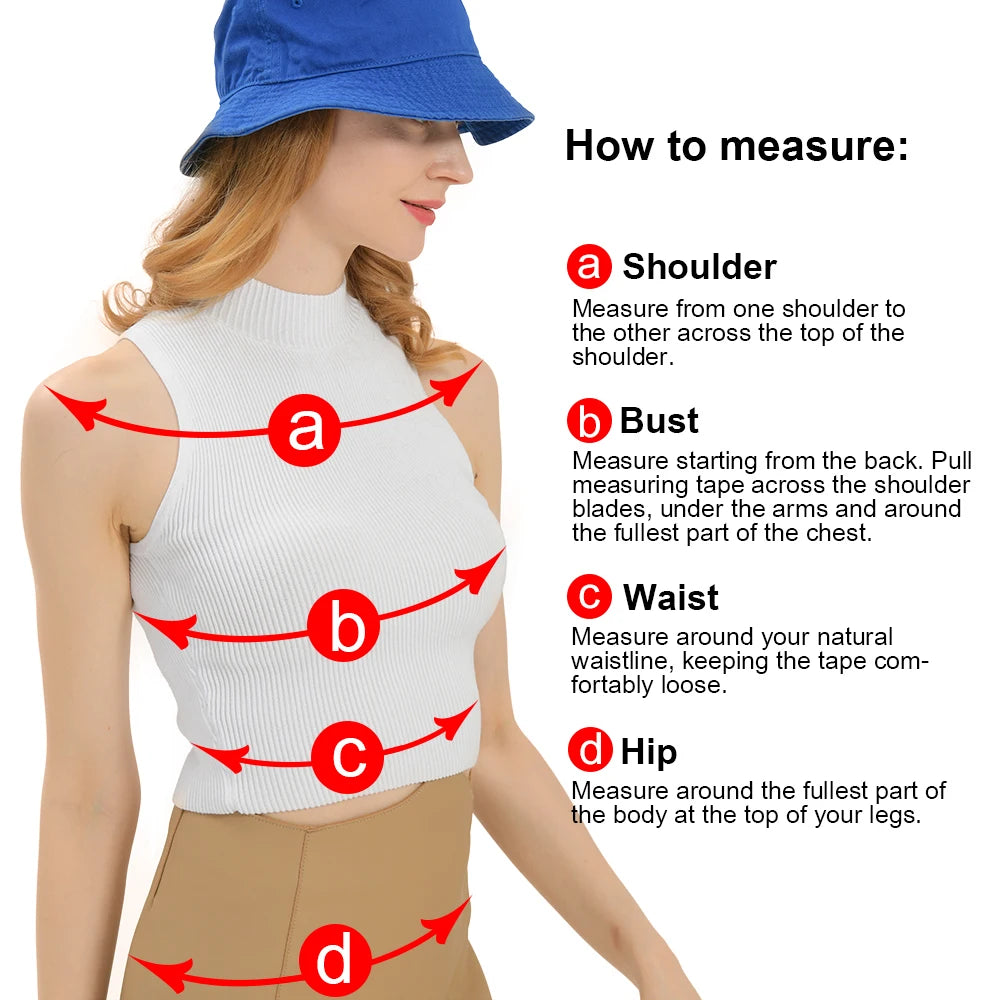 Woman wearing a blue cap and white sleeveless top with measurement instructions on a white background