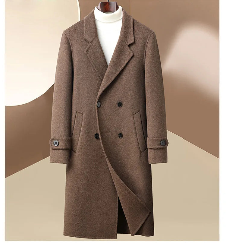 Brown overcoat on a mannequin against a beige background